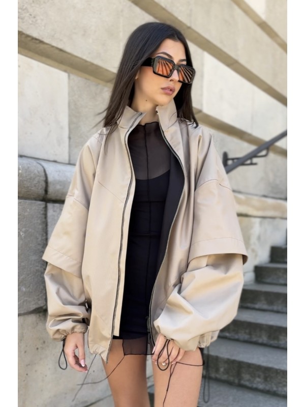 Bomber collar jacket with open sleeves in mocca