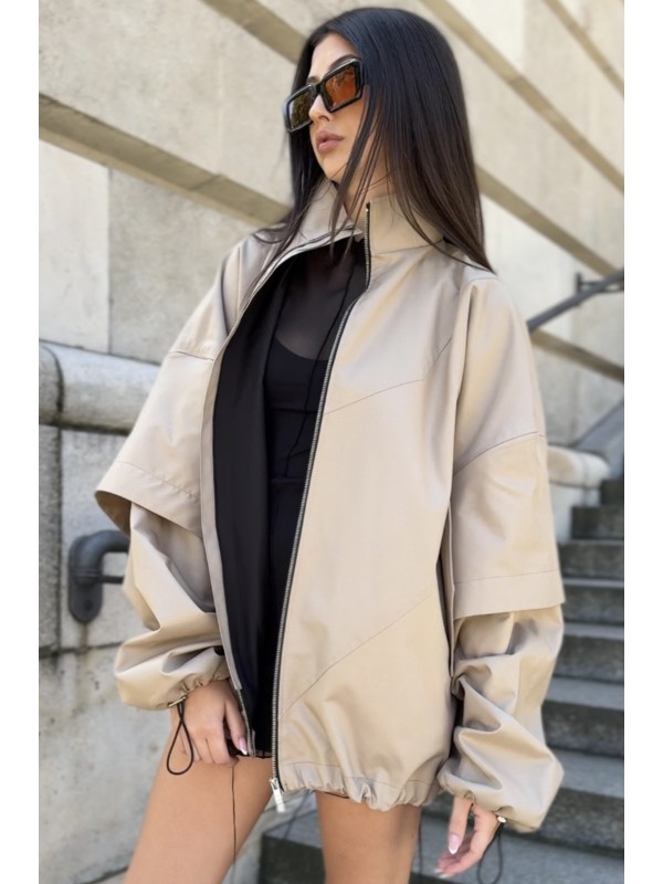 Bomber collar jacket with open sleeves in mocca