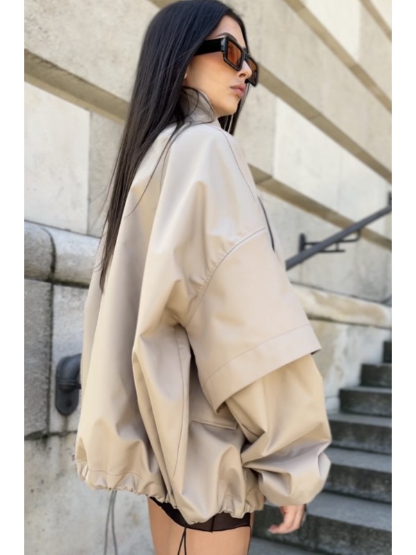 Bomber collar jacket with open sleeves in mocca