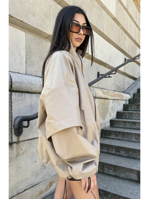 Bomber collar jacket with open sleeves in mocca