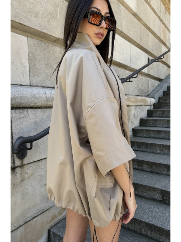 Bomber collar jacket with open sleeves in mocca