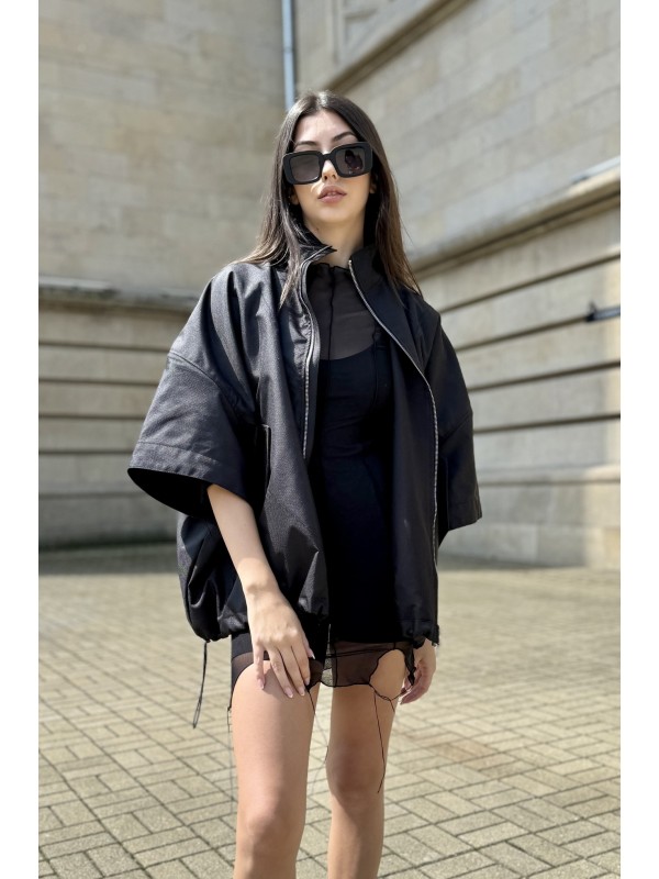 Bomber collar jacket with open sleeves in black