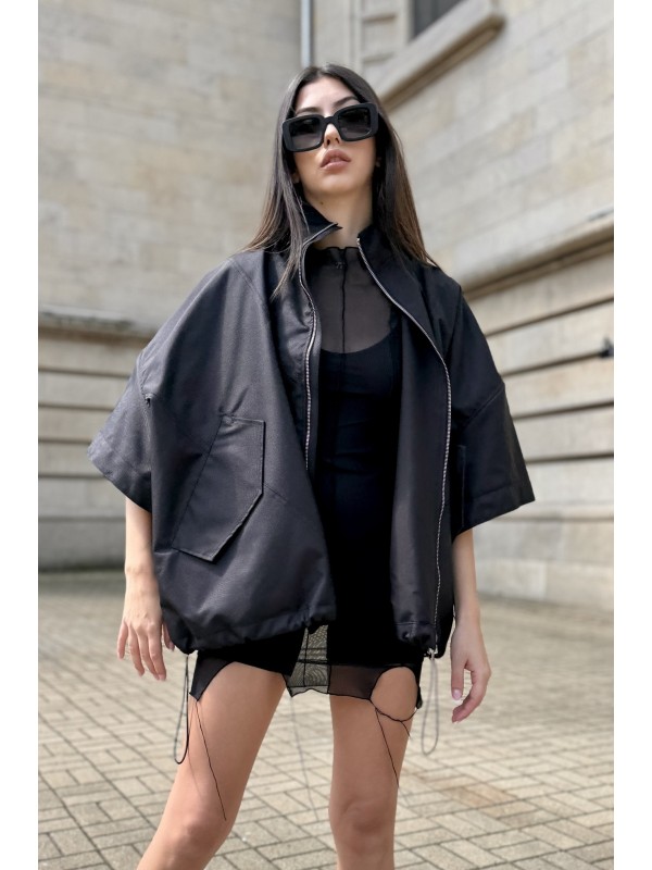 Bomber collar jacket with open sleeves in black