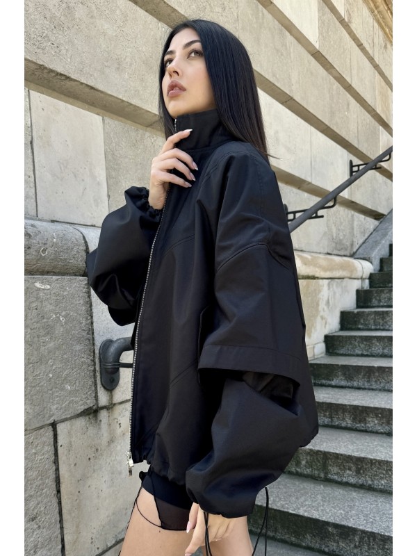 Bomber collar jacket with open sleeves in black