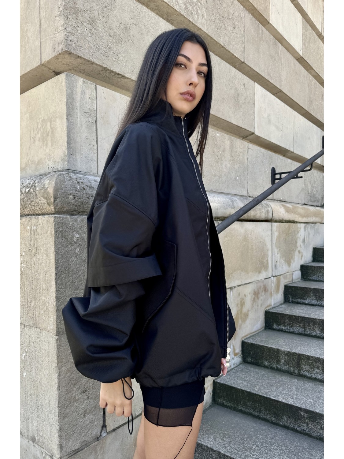 Bomber collar jacket with open sleeves in black