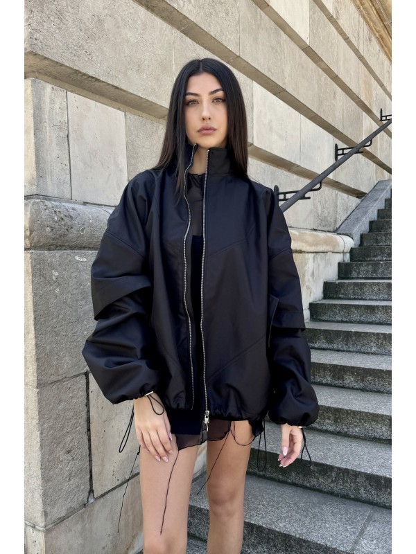 Bomber collar jacket with open sleeves in black