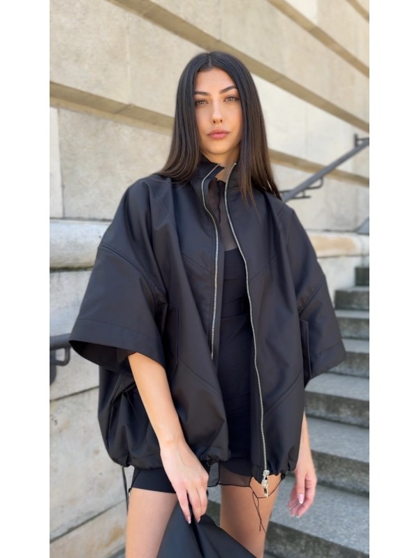 Bomber collar jacket with open sleeves in black