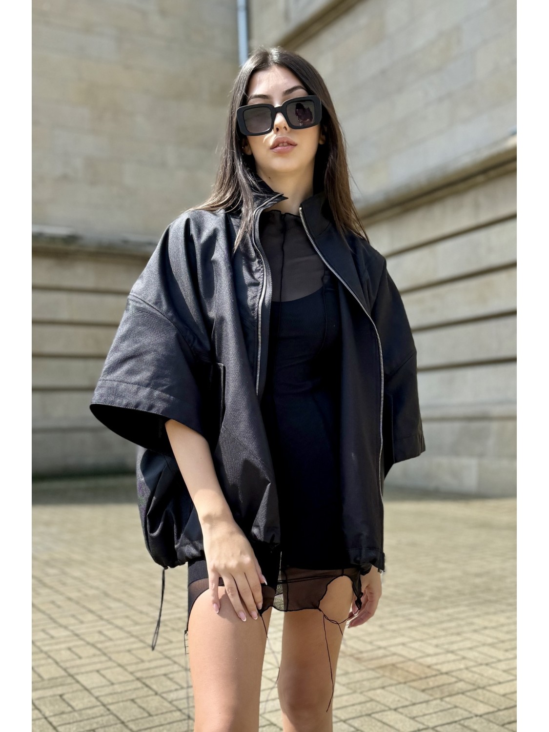 Bomber collar jacket with open sleeves in black