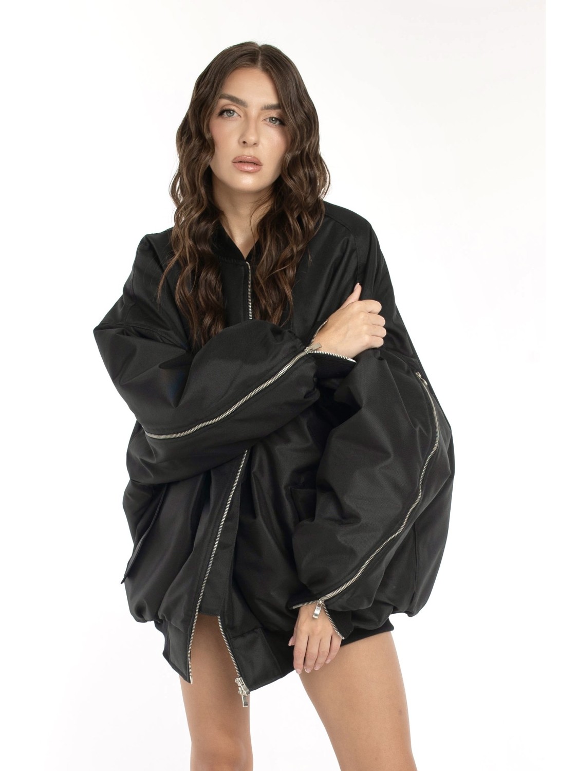 Oversized zipper bomber jacket in black