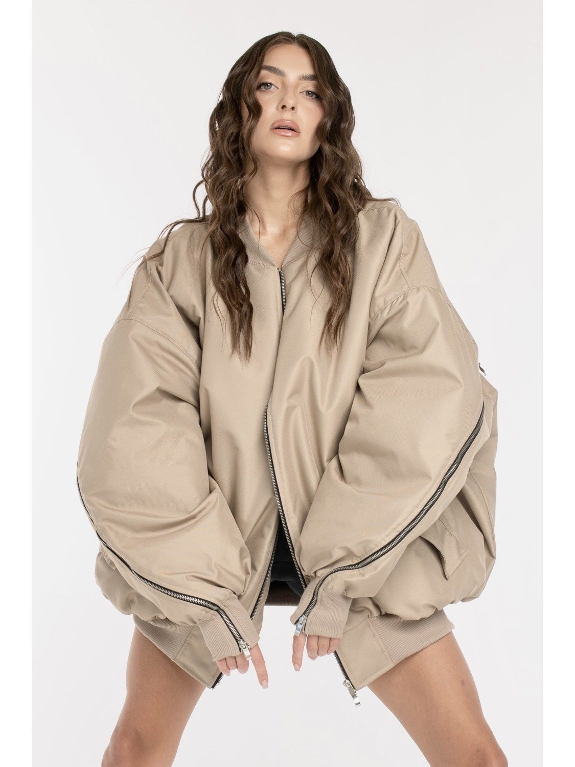 Oversized zipper bomber jacket in mocca