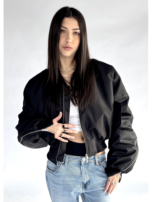 Shorty zipper oversized bomber jacket in black