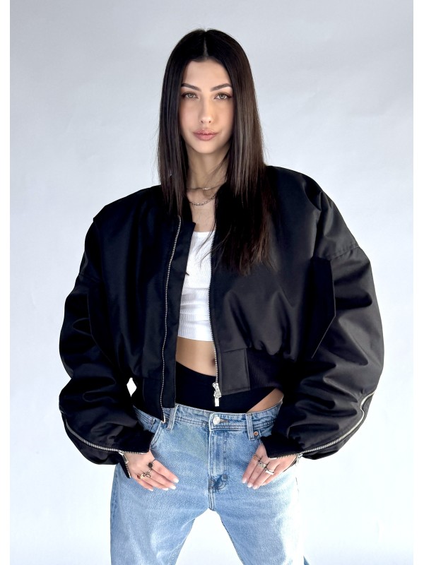 Shorty zipper oversized bomber jacket in black