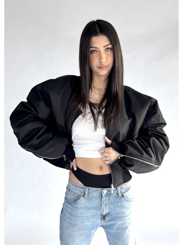 Shorty zipper oversized bomber jacket in black