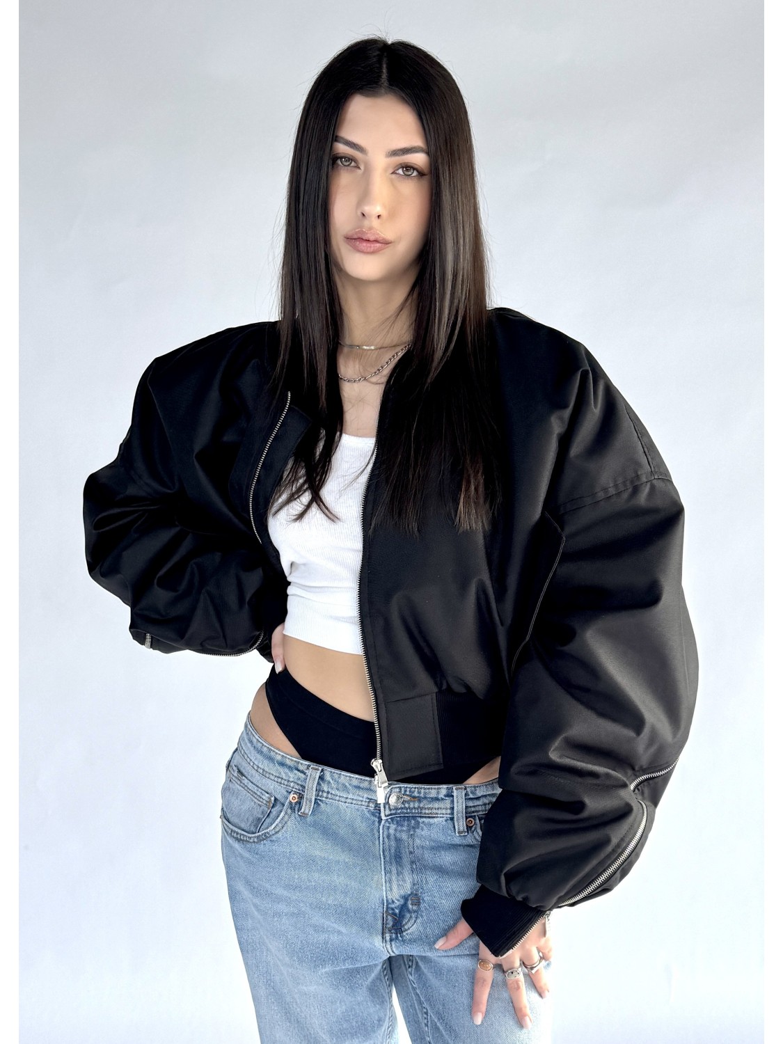 Shorty zipper oversized bomber jacket in black