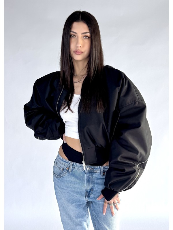 Shorty zipper oversized bomber jacket in black