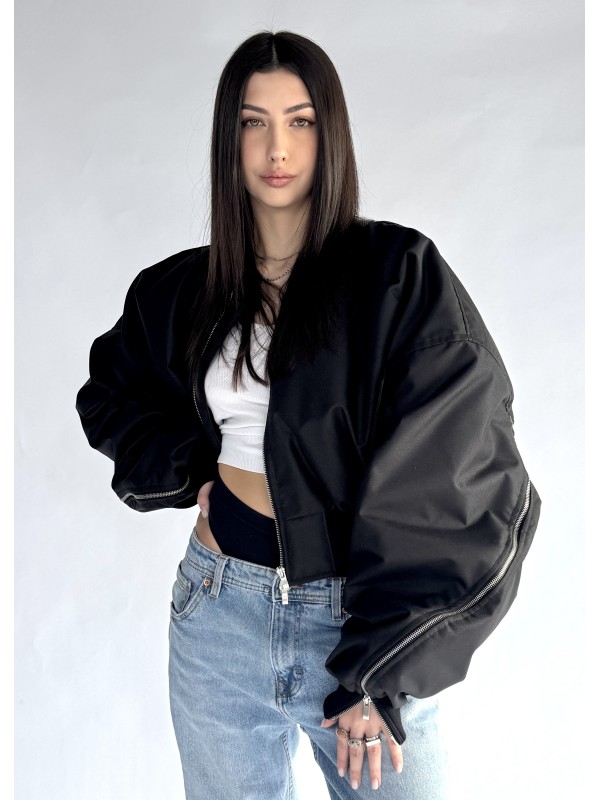 Shorty zipper oversized bomber jacket in black