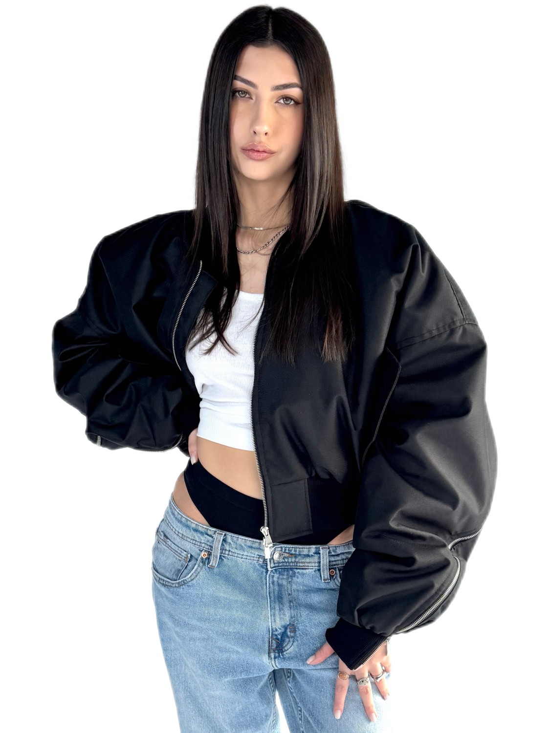 Shorty zipper oversized bomber jacket in black