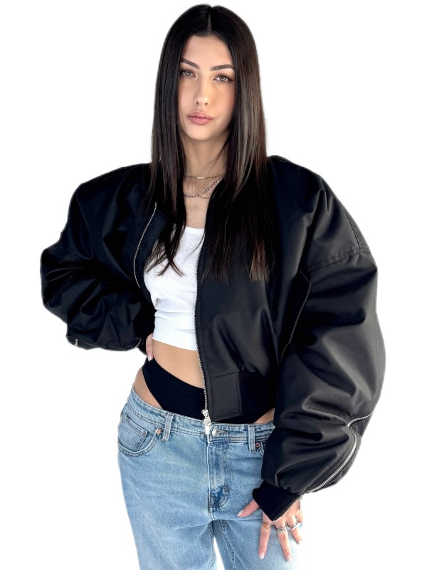 Shorty zipper oversized bomber jacket in black