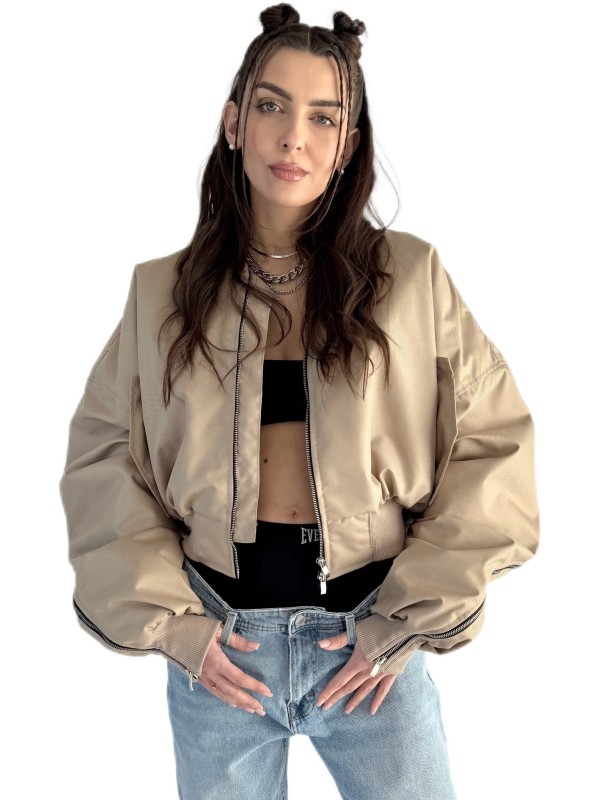 Shorty zipper oversized bomber jacket in mocca