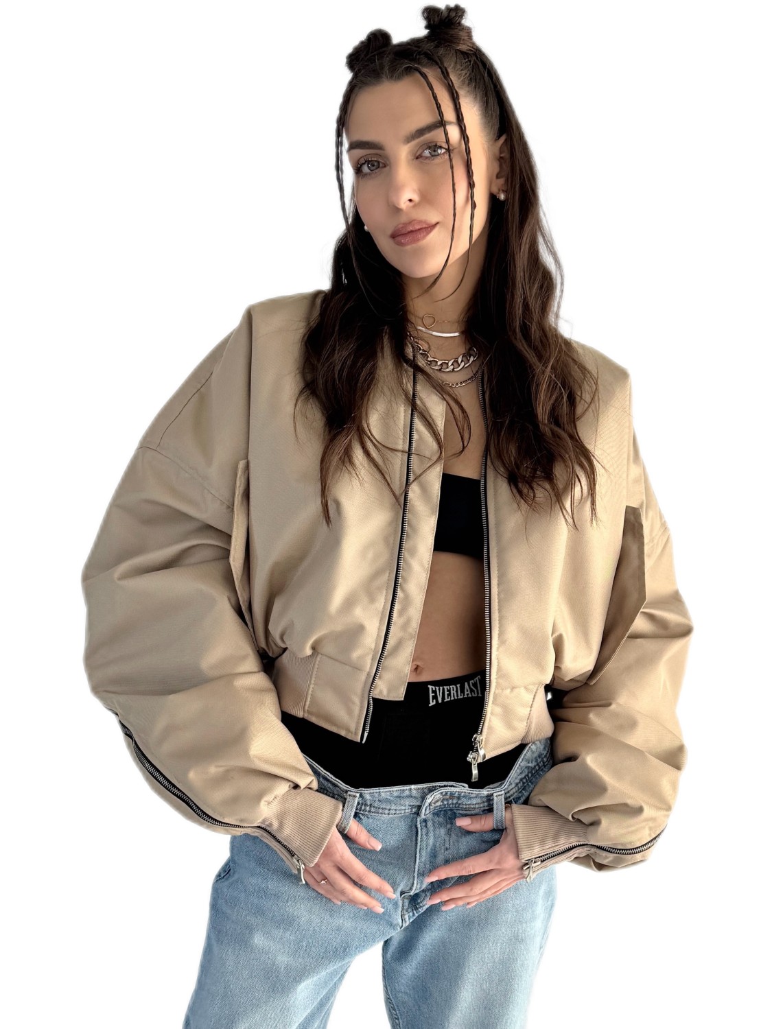 Shorty zipper oversized bomber jacket in mocca