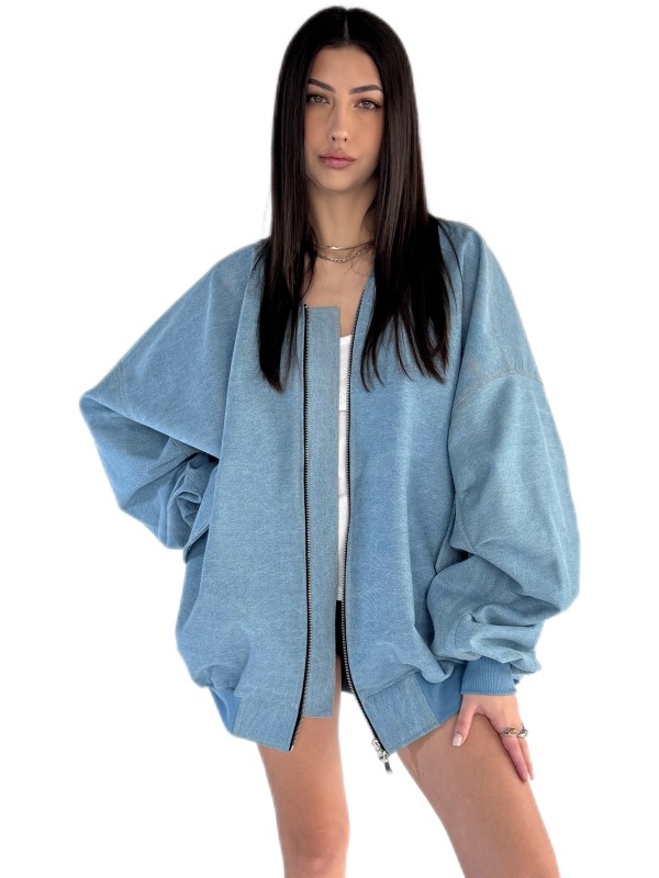 Light blue oversized denim bomber jacket