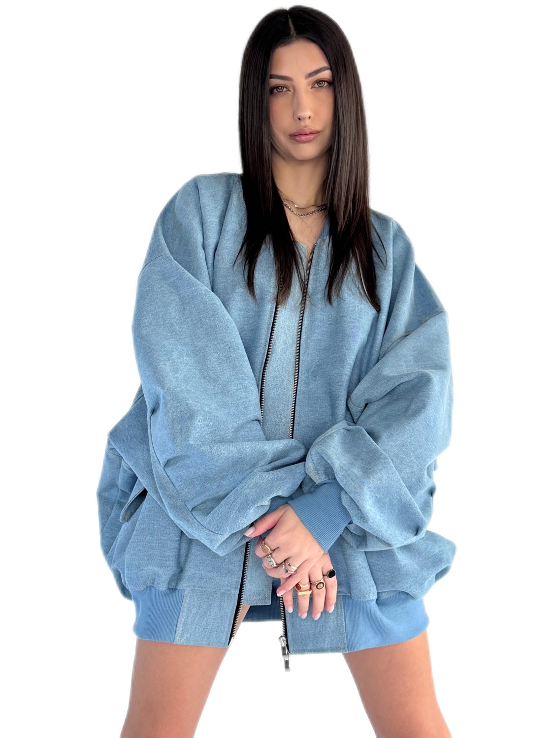 Light blue oversized denim bomber jacket Light blue oversized denim bomber jacket