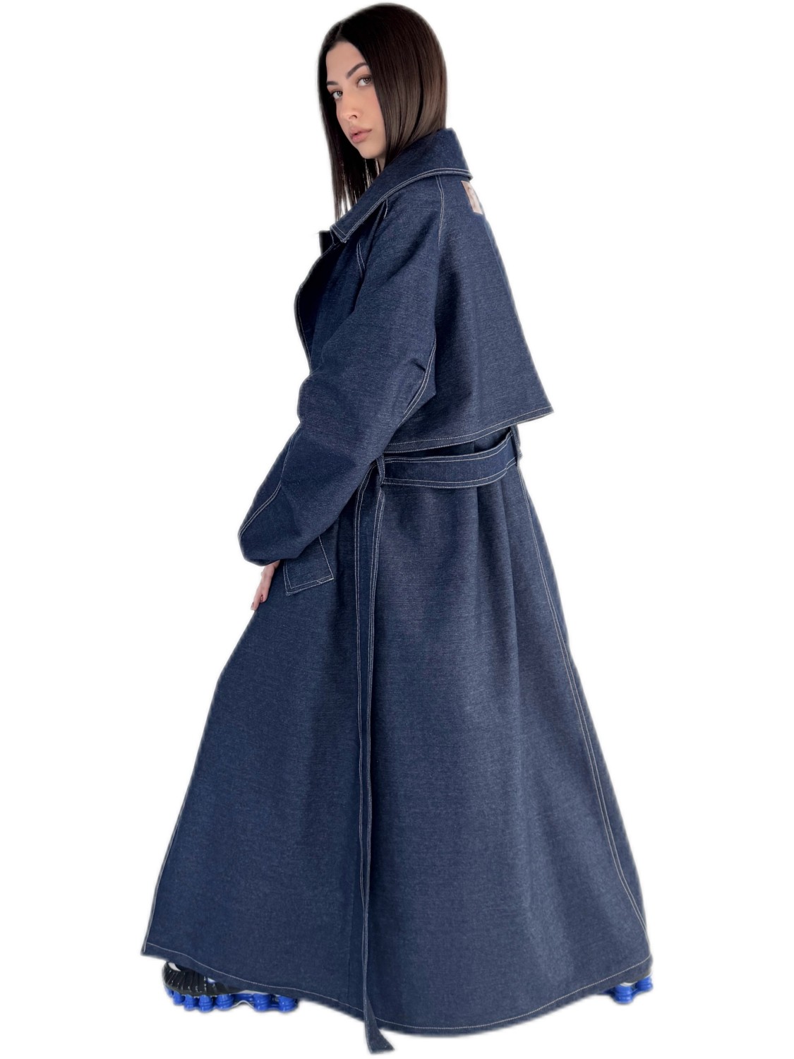 Oversize maxi trench denim coat in dark blue