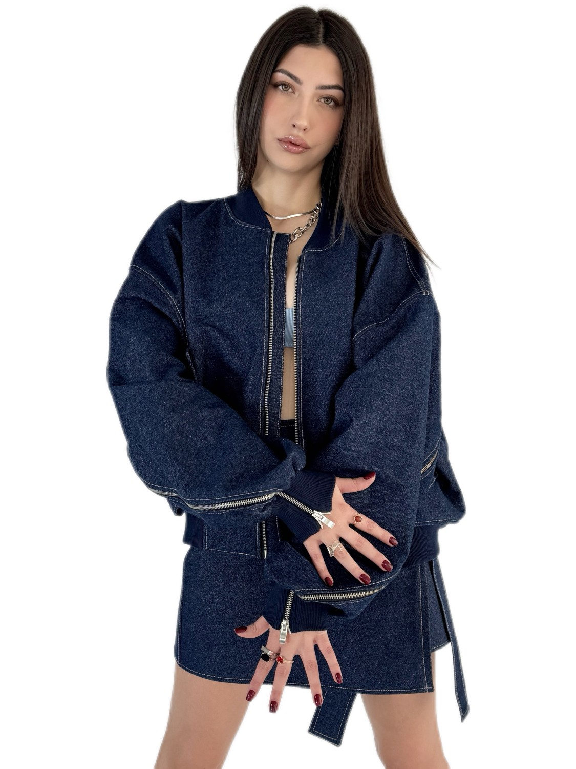 Krótka kurtka bomber zipper denim dark blue