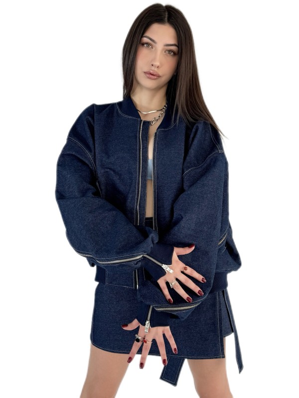 Krótka kurtka bomber zipper denim dark blue