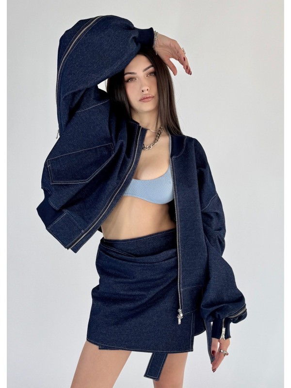 Krótka kurtka bomber zipper denim dark blue