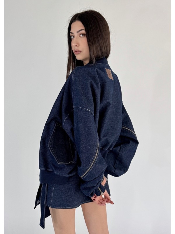 Krótka kurtka bomber zipper denim dark blue