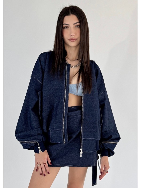 Krótka kurtka bomber zipper denim dark blue