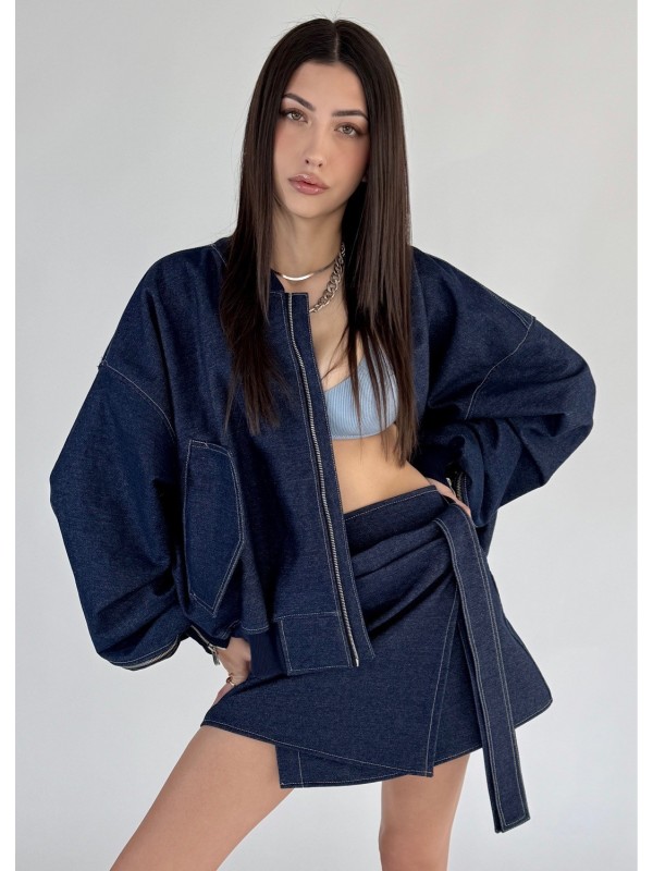 Krótka kurtka bomber zipper denim dark blue
