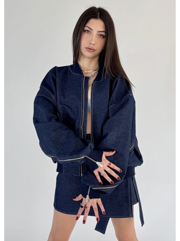 Krótka kurtka bomber zipper denim dark blue