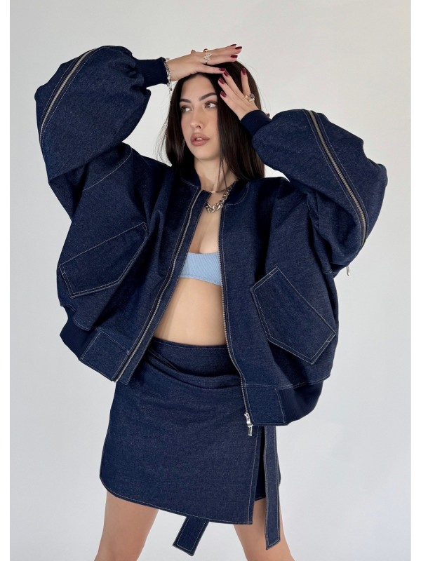 Krótka kurtka bomber zipper denim dark blue