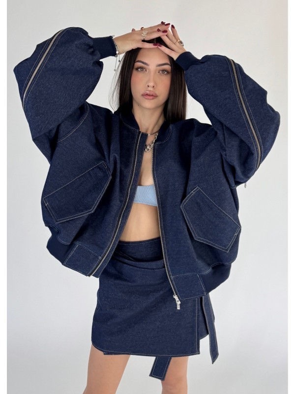 Krótka kurtka bomber zipper denim dark blue