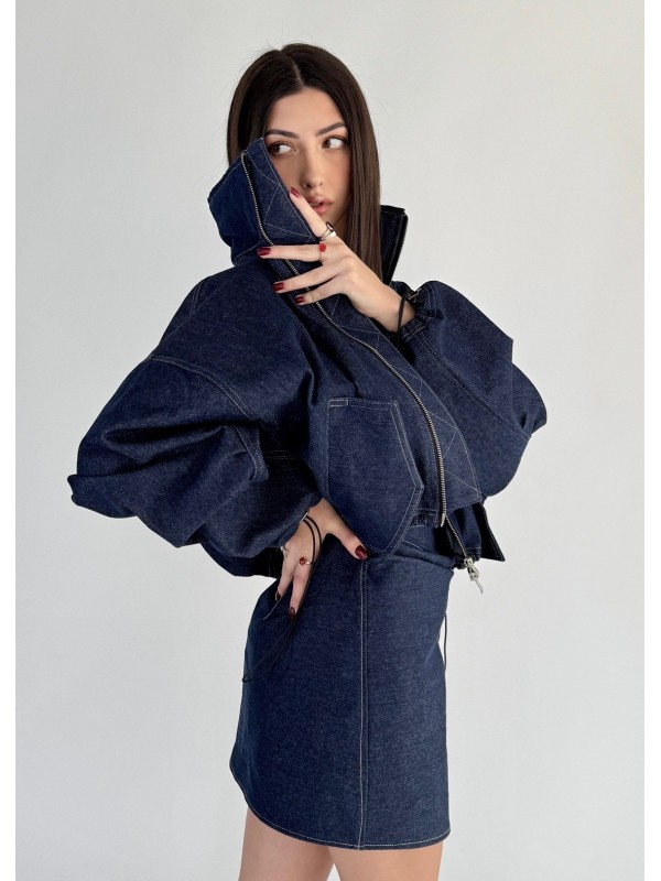 Krótka kurtka bomber collar denim dark blue