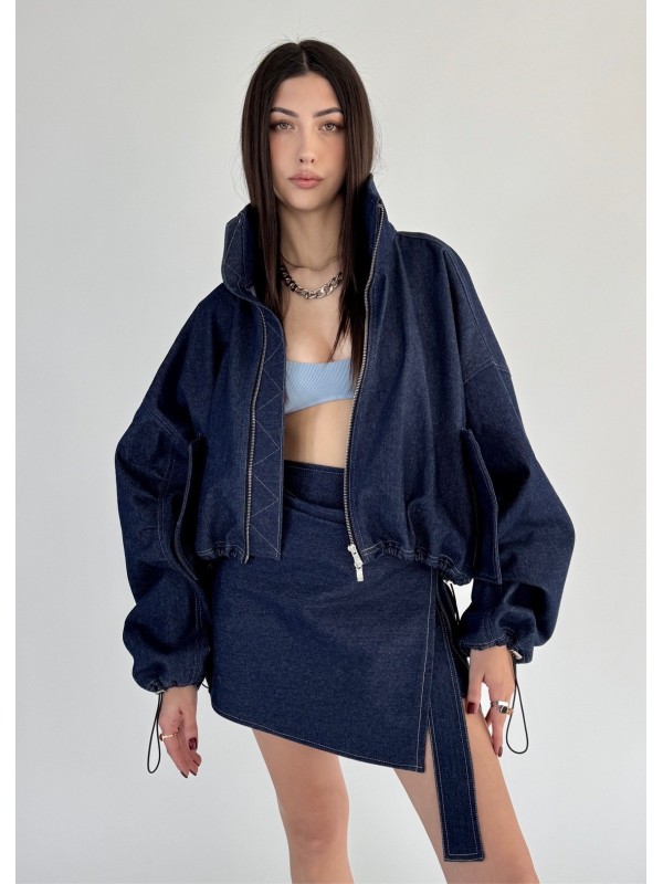 Krótka kurtka bomber collar denim dark blue
