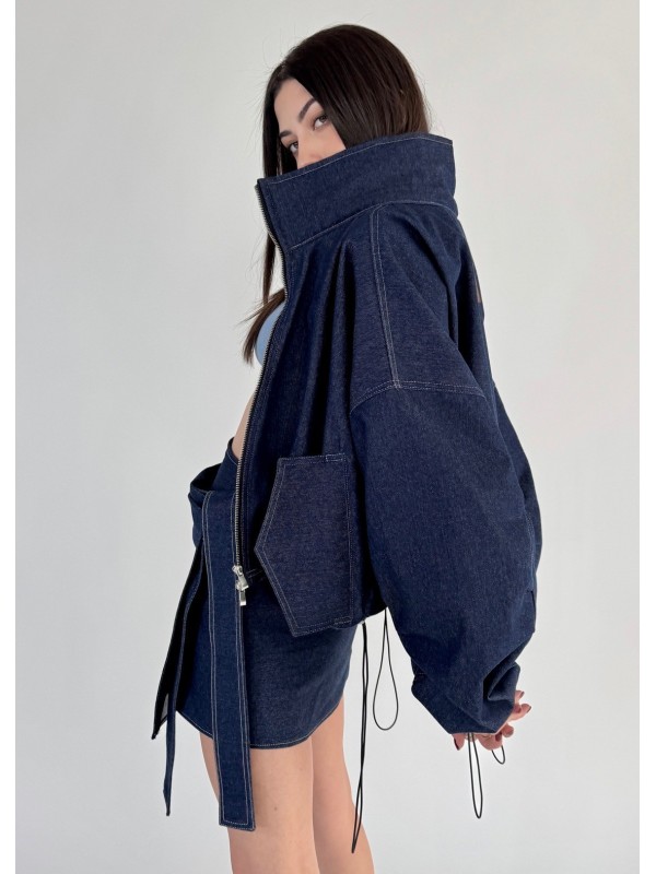 Krótka kurtka bomber collar denim dark blue