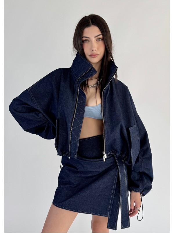 Krótka kurtka bomber collar denim dark blue