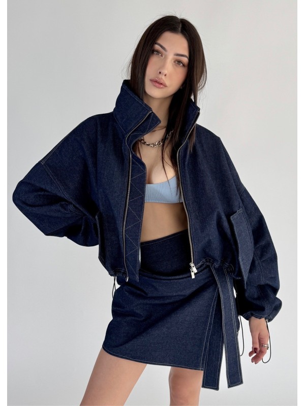Krótka kurtka bomber collar denim dark blue