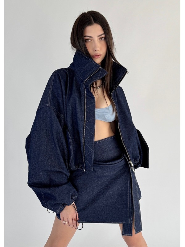 Krótka kurtka bomber collar denim dark blue