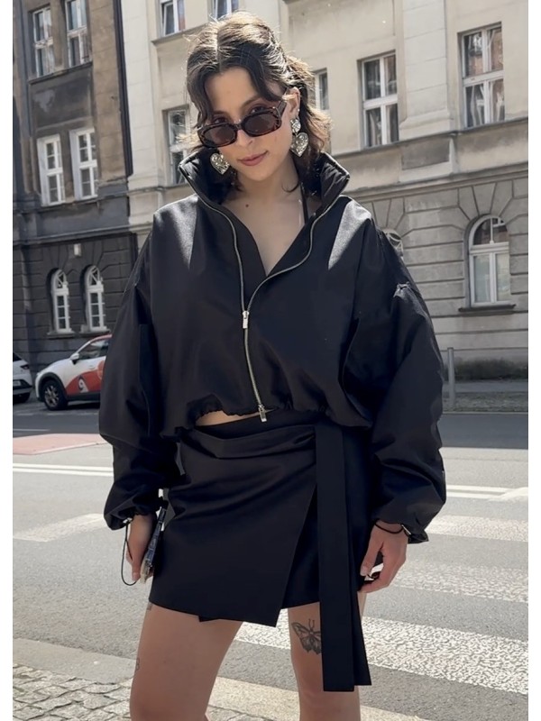 Tie waist mini wrap skirt in black