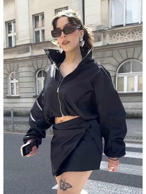 Tie waist mini wrap skirt in black