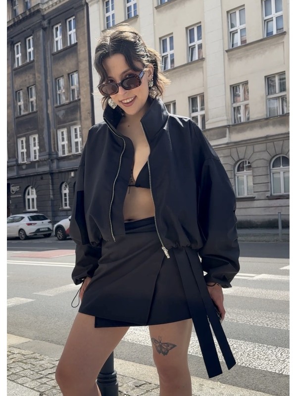 Tie waist mini wrap skirt in black