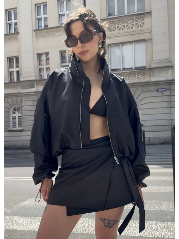 Tie waist mini wrap skirt in black