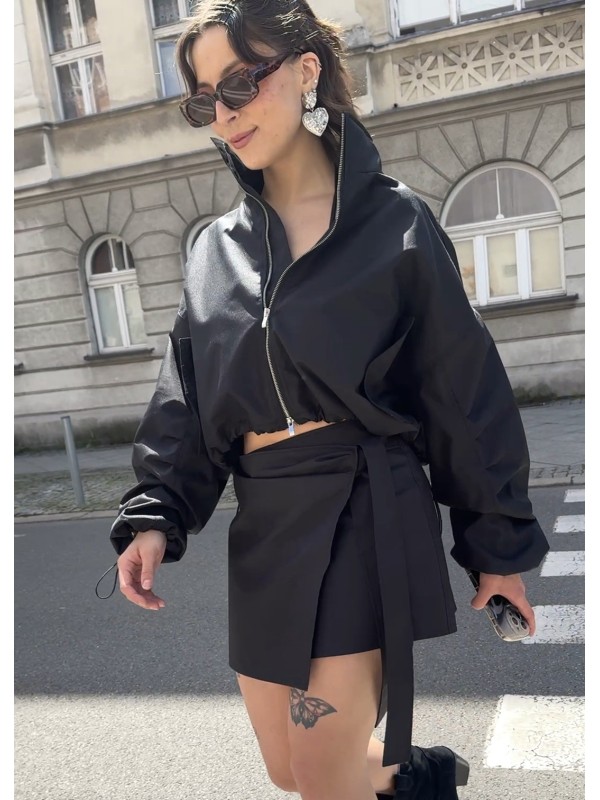 Tie waist mini wrap skirt in black
