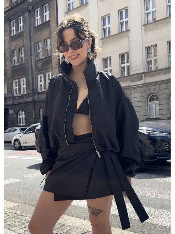 Tie waist mini wrap skirt in black