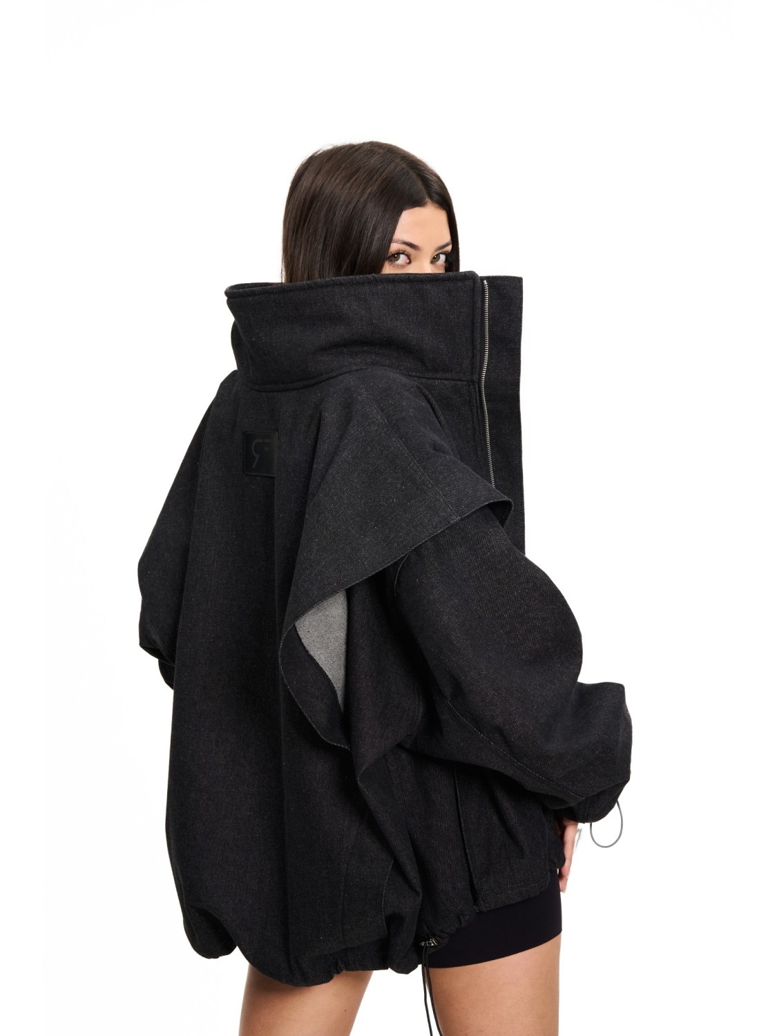 washed black denim parachute bomber jacket