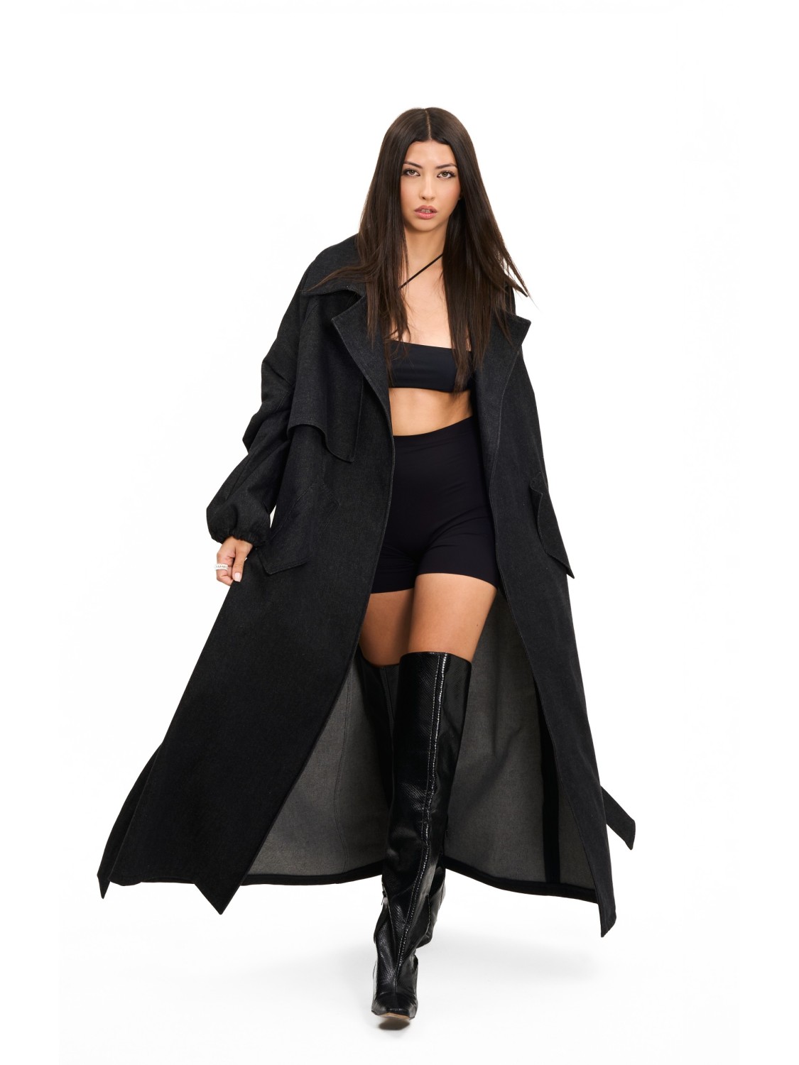 Trencz maxi oversize denim washed black